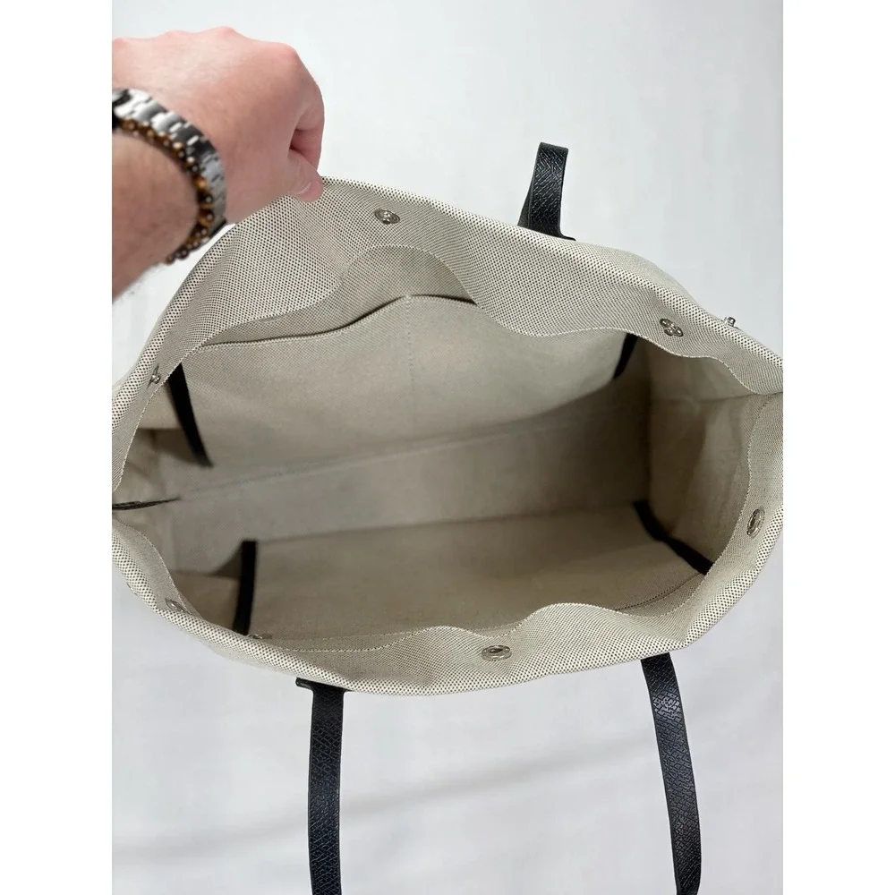 Longchamp Essential Toile Tote Bag Off-White Canvas Black Leather Trim France